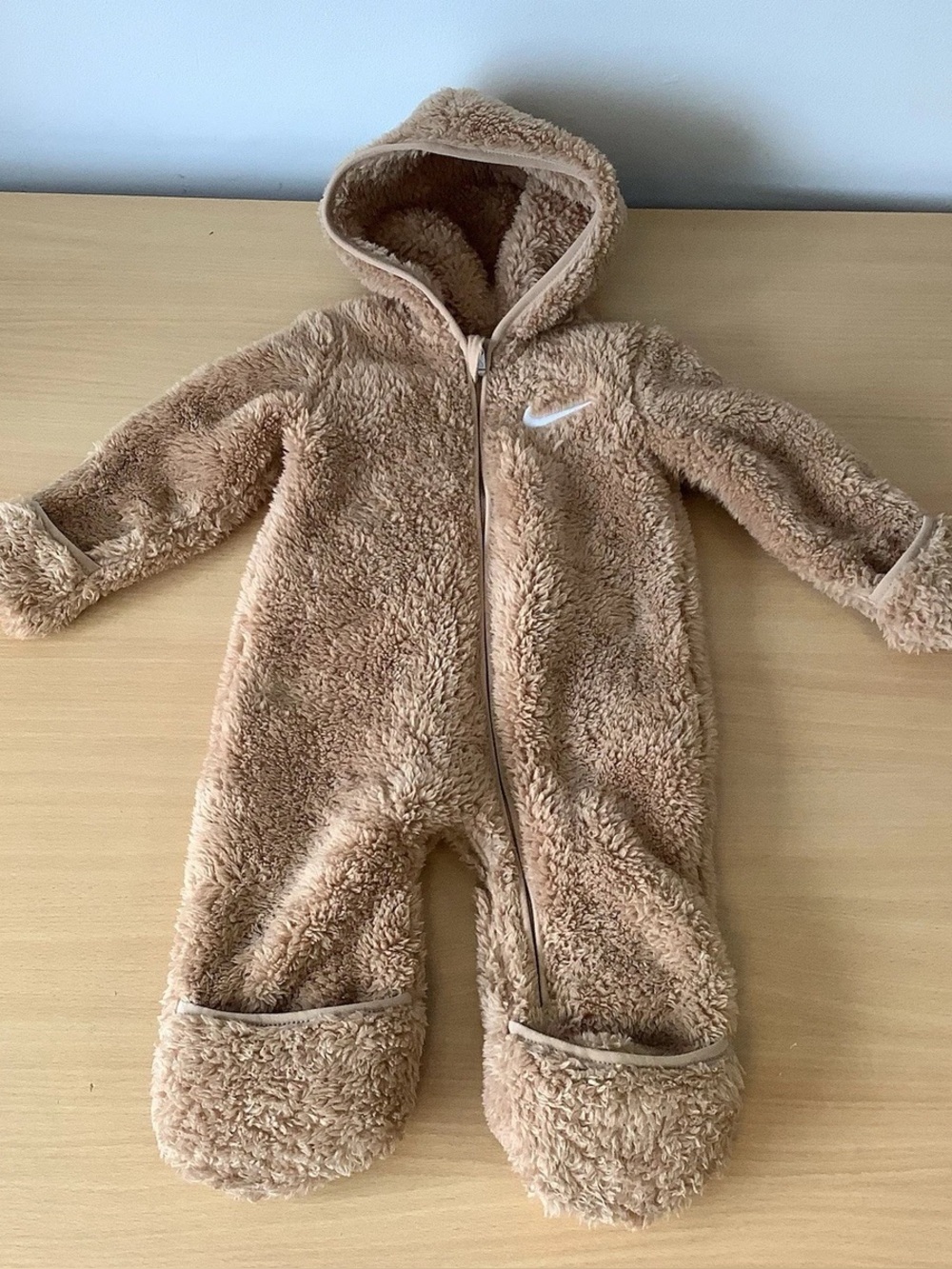 Nike Tan Teddy Fleece Hooded Baby One-Piece